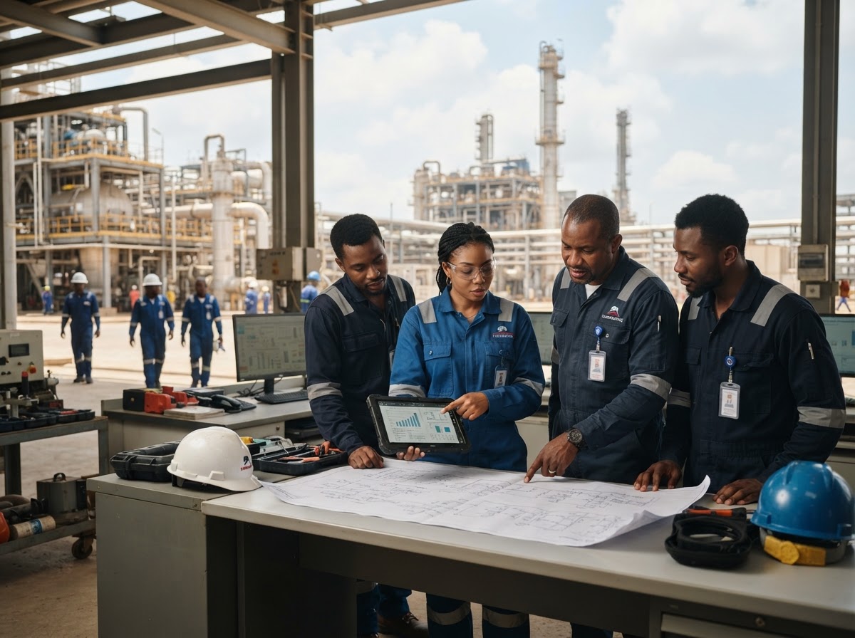 Dangote Petroleum Refinery analysts reviewing predictive investment data on screen